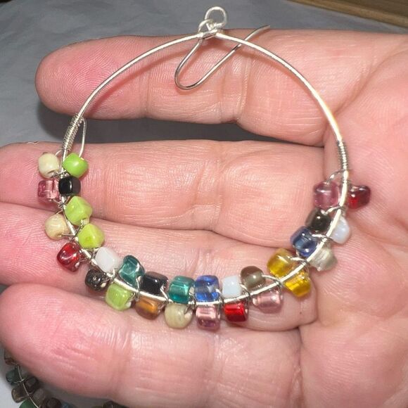 Boho Silver Tone Gemstone Chakra Dangle Hoop Earrings - Picture 8 of 9
